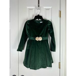 Girls Velvet Long-Sleeve Dress with Floral Belt - Forest Green